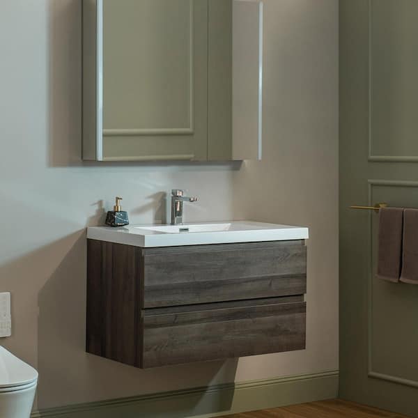 NJ 35.4 in. W x 19.63 in. D x 22.5 in. H Single Sink Floating Bath Vanity in Grey Oak with White Resin Top