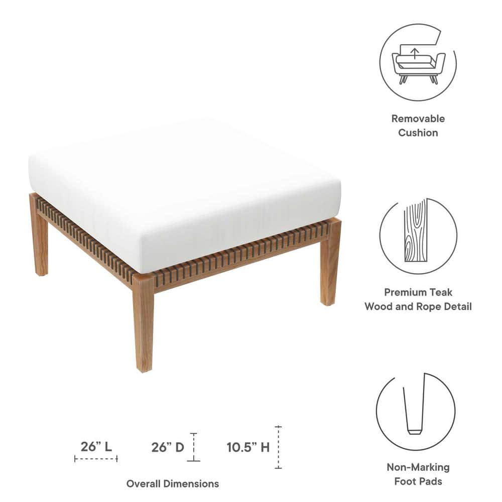 Clearwater Grade A Teak Wood Outdoor Ottoman with Gray White Cushion
