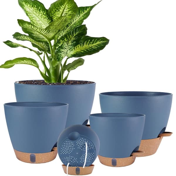 10/9/8/7/6.5 in Plastic Planters Self Watering with Drainage Navy Blue 5-Piece