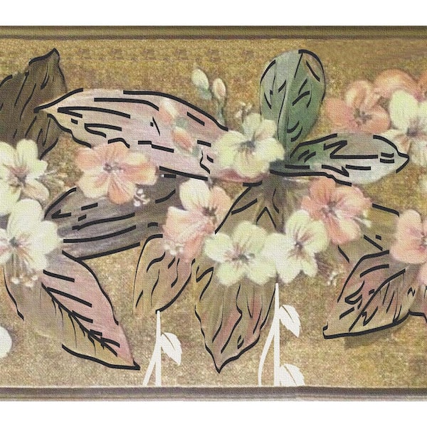 Dundee Deco Falkirk Dandy Green, Beige, Pink, Gold Flowers, Leaves Floral Peel and Stick Wallpaper Border