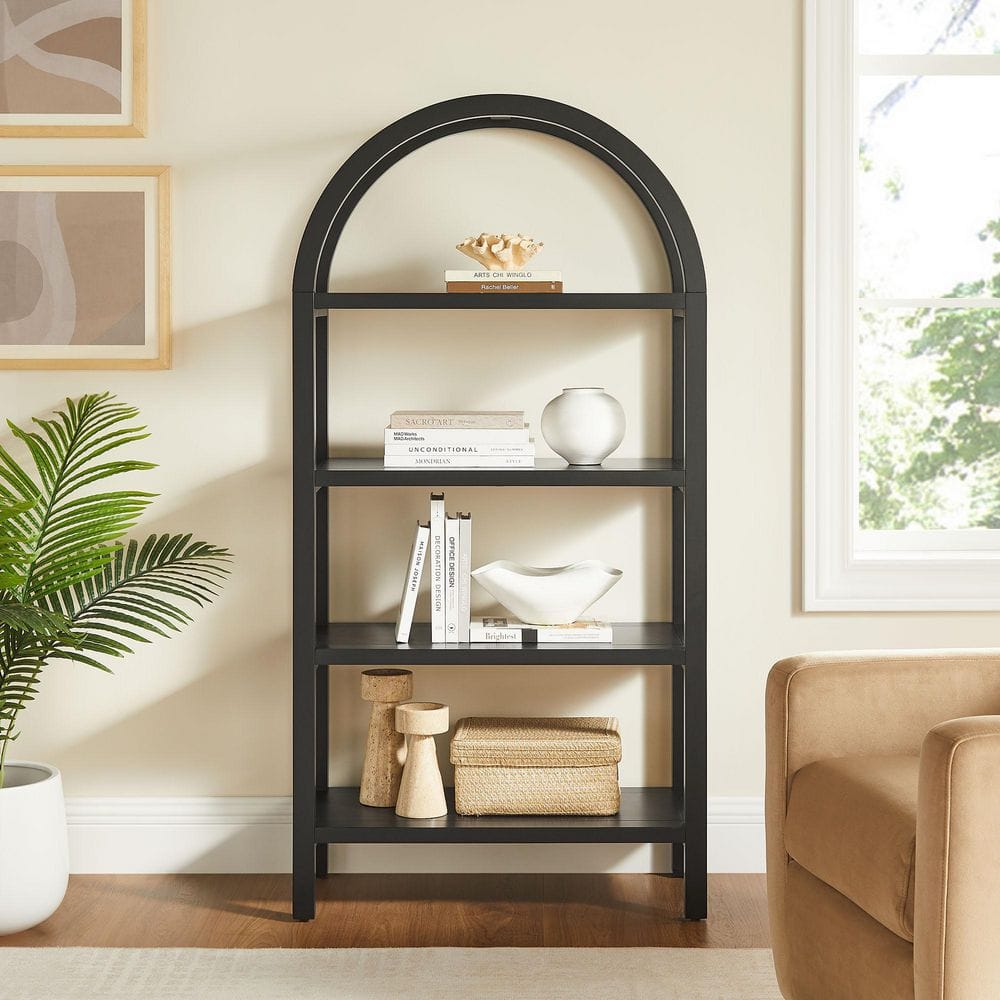 MODWAY Vexley 60 in. Tall Black Wood 4-Shelf Arched Open Display