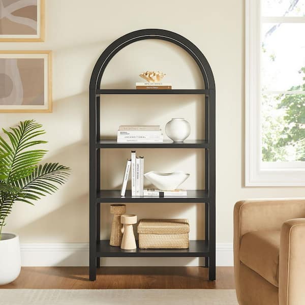 Vexley 60 in. Tall Black Wood 4-Shelf Arched Open Display Bookcase with Shelves and Storage