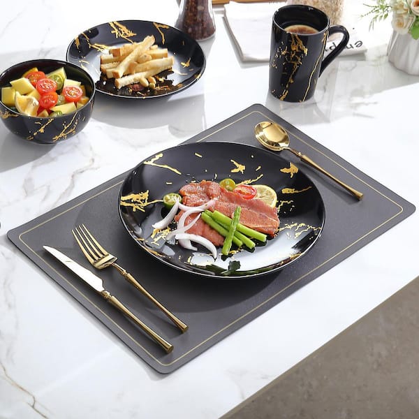 KHKFY Ceramic Black Modern Porcelain 12-Piece Dinnerware Set with Gold Marble Accent for 4 – Dinner Plates, Bowls, Mugs
