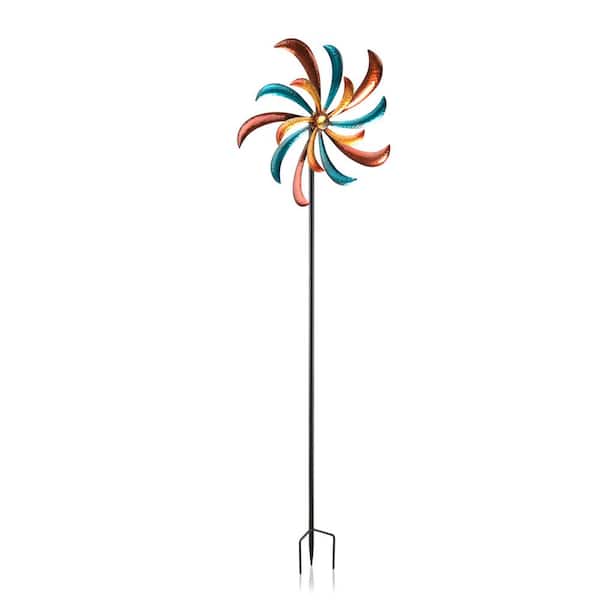 63 in. Tall Outdoor Curved Blade Windmill Stake Kinetic Spinner, Multicolor