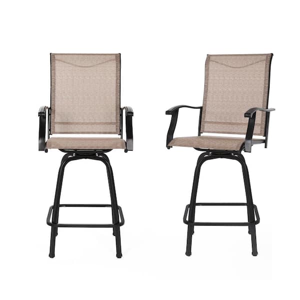 MEOOEM Black Metal Swivel Patio Outdoor Dining Chairs with Brown Color Cushions(2-Pack)