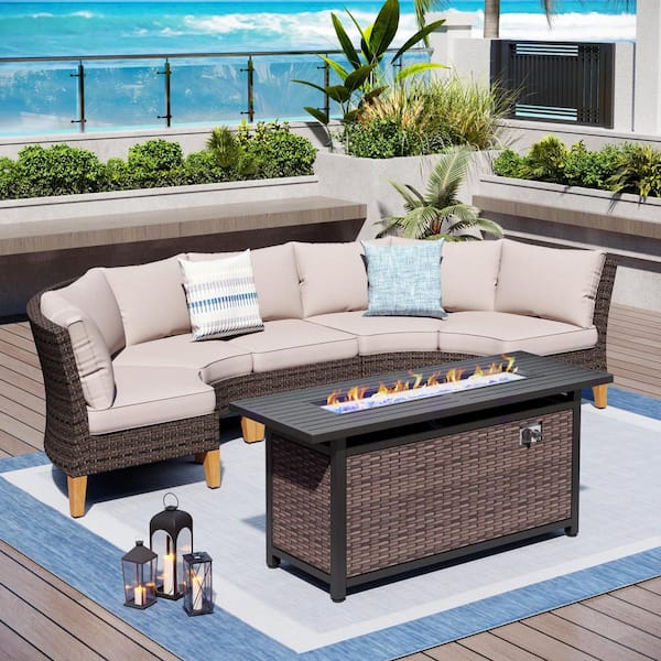 Brown Rattan Wicker 5-Seat 6-Piece Steel Outdoor Fire Pit Patio Set with Beige Cushions and Rectangular Fire Pit Table