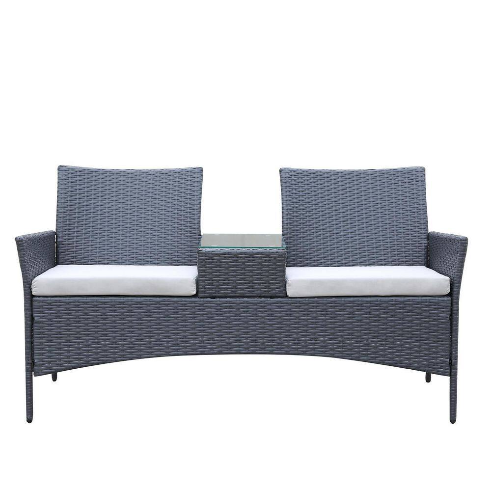 Tunearary Wicker Outdoor Loveseat Chair with Cushions Glass Top Table