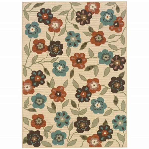 Brown, Ivory 7 ft. x 10 ft. Loomed Floral Polypropylene Rectangle Indoor/Outdoor Area Rug