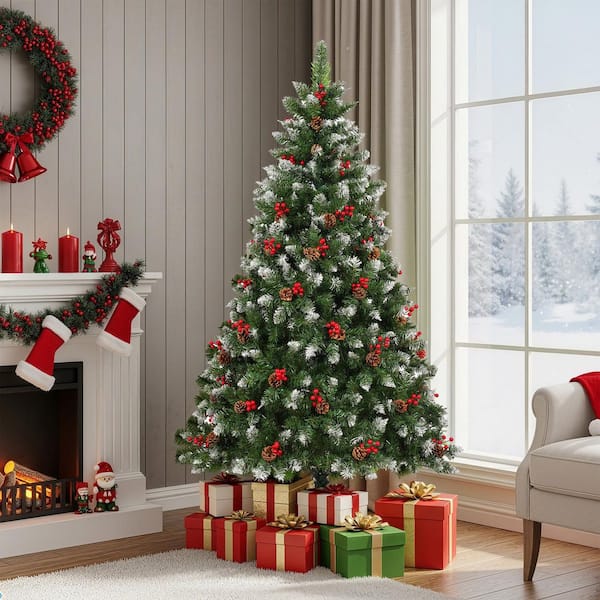 JEAREY 6 ft. Green Pre-Lit Artificial Christmas Tree with 300 LED Lights Decorated with Pine Cones