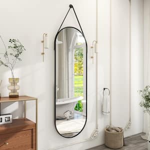 16 in. W x 48 in. H Oval Metal Framed Wall Bathroom Vanity Mirror Black with Hanging Leather Strap