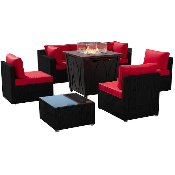 Tenleaf 8-Piece Black Wicker Patio Conversation Set with Red Cushions, 28 in. Propane Fire Table, Lid, Glass Wind Guard