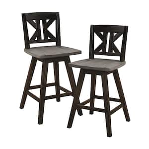 Fenton 23 in. Distressed Gray and Black Wood Swivel Counter Height Chair (Divided X-Back) with Wood Seat (Set of 2)