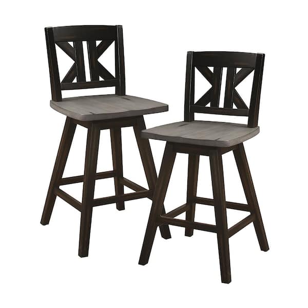 Lazzara Fenton 23 in. Distressed Gray and Black Wood Swivel Counter Height Chair (Divided X-Back) with Wood Seat (Set of 2)