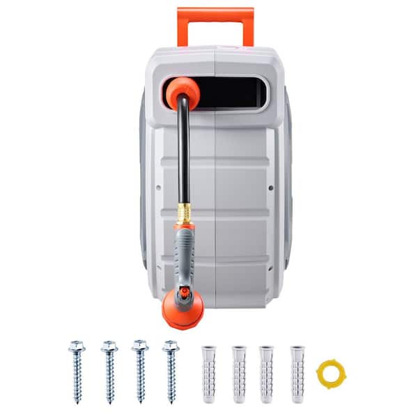 Retractable Garden Hose Reel, 1/2 In. x 84 ft. Wall-Mounted Hose Reel with 9-Pattern Spray Nozzle Adjustable Length Lock