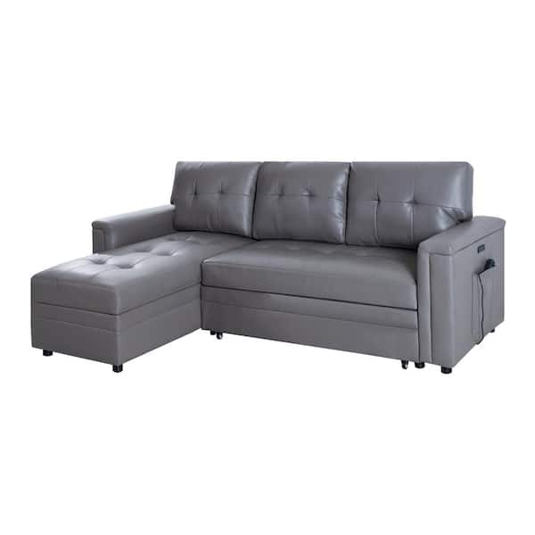 MAYKOOSH 84 in. Straight Arm Air Leather Rectangle Sectional Sofa with USB Ports and Reversible Sleeper in. Gray