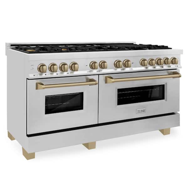 ZLINE Kitchen and Bath Autograph Edition 60 in. 9 Burner Double Oven Dual Fuel Range in Stainless Steel and Champagne Bronze
