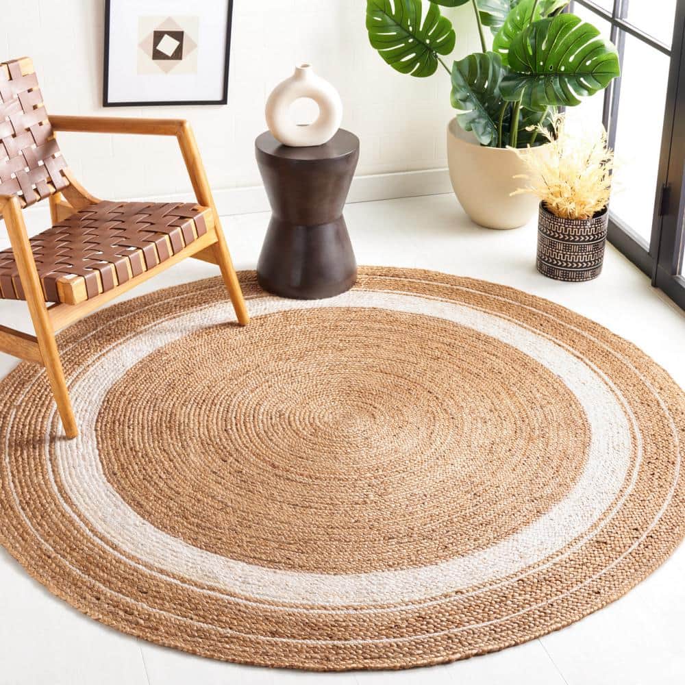 Ivory and Natural Handmade Braided Jute Round Rug