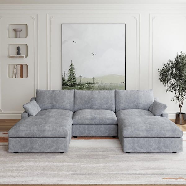 J&E Home 5-Piece Sectional Sofa 119.2 in. Linen Modular Free Combinable Deep Seat Couch with Ottoman Living Room Set in Gray