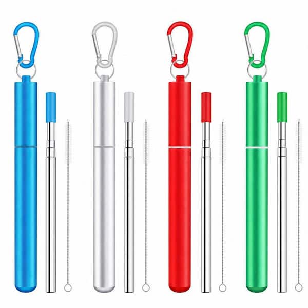 4-Piece Multicolor Stainless Steel Collapsible Drinking Straws with Cleaning Brush and Portable Case