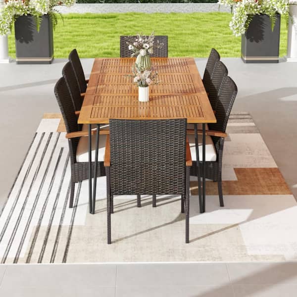 9-Piece Wicker Black Rectangle Outdoor Dining Set with White Cushions and Umbrella Hole