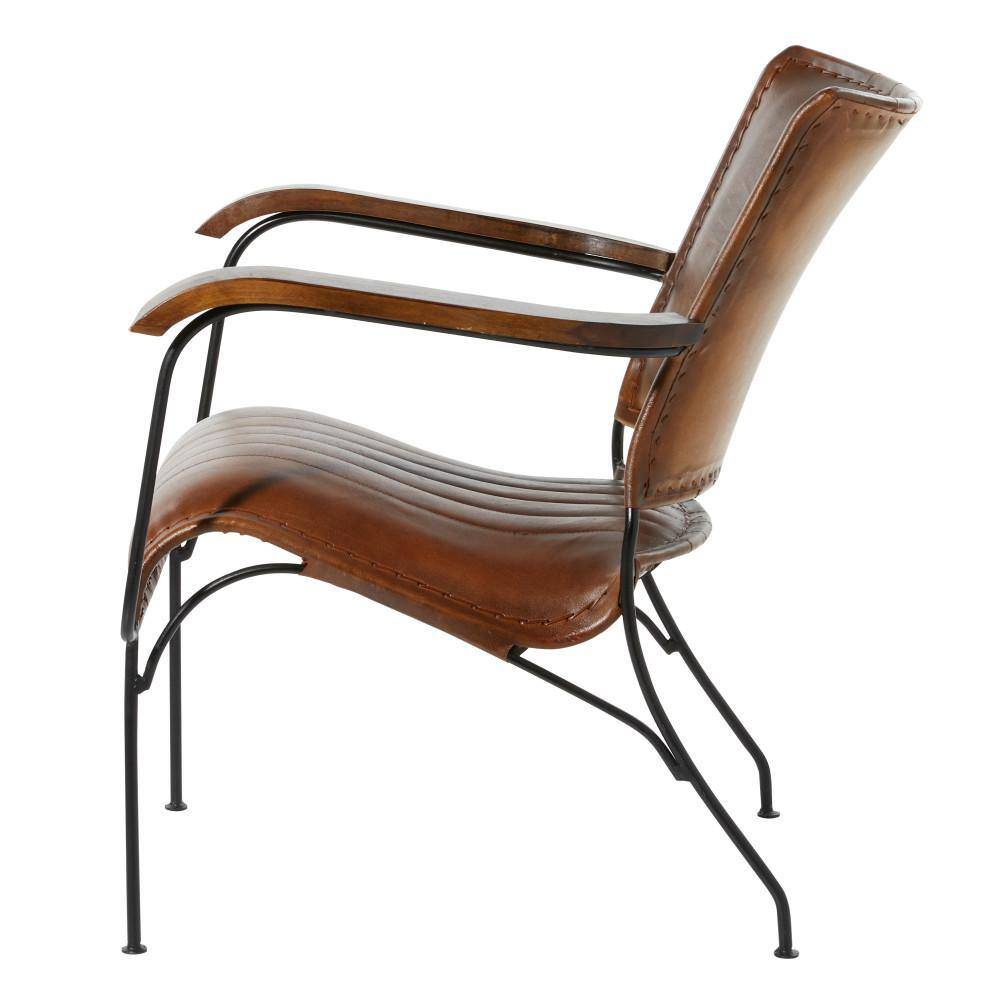 Vintage Brown Leather and Metal Accent Chair