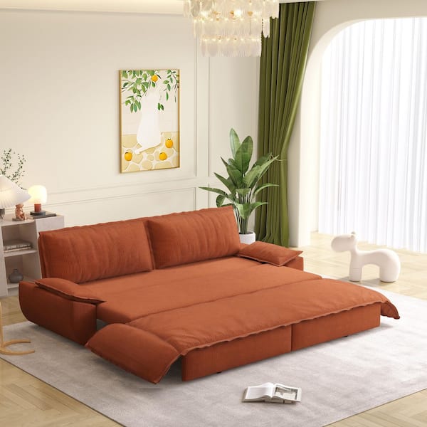 3-in-1 Convertible 73.2 in. Orange Soft Corduroy Queen Size Sofa Bed with 2 Soft Pillows