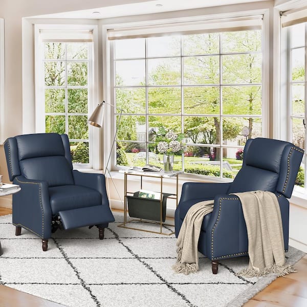 LUE BONA Lange 28in. W Navy Genuine Leather Nailhead Trim Recliner