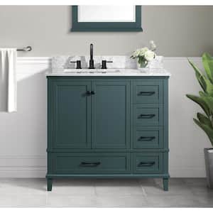 Merryfield 37 in. Single Sink Freestanding Antigua Green Bath Vanity with White Carrara Marble Top (Assembled)
