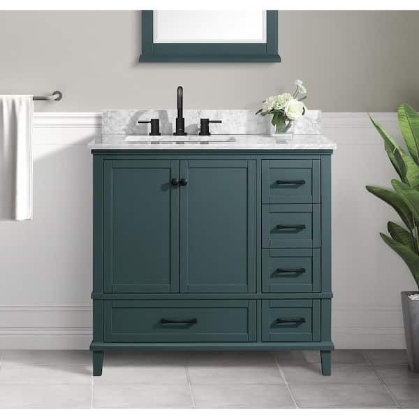 Home Decorators Collection Merryfield 37 in. Single Sink Freestanding Antigua Green Bath Vanity with White Carrara Marble Top (Assembled)