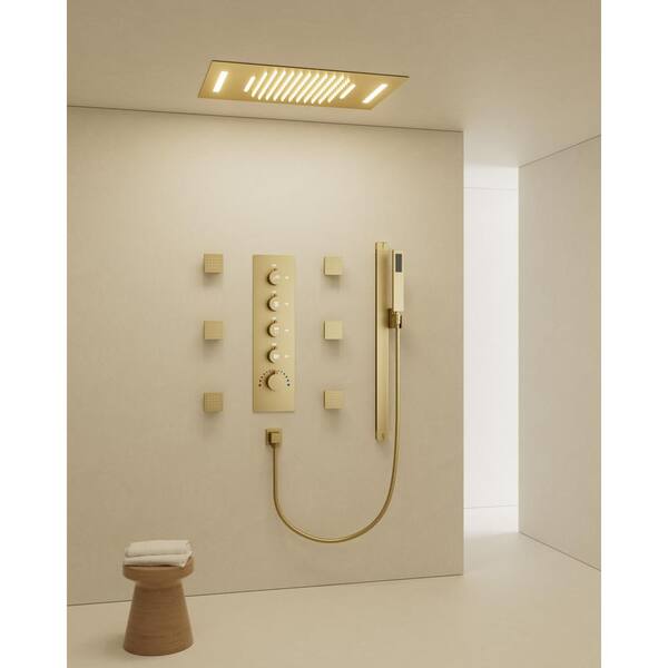 Thermostatic 15-Spray 23x15 in. Ceiling Mount LED Mood Lighting Fixed and Handheld Shower Head in Brushed Gold