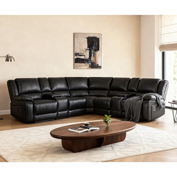 109 in. 7 Pieces Modular Modern Contemporary Faux Leather Manual Recliner Sectional Sofa in. Black
