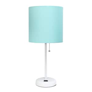 19.5 in. Contemporary Bedside Power Outlet Base Standard Metal Table Desk Lamp in White, Aqua Shade, with LED Bulb