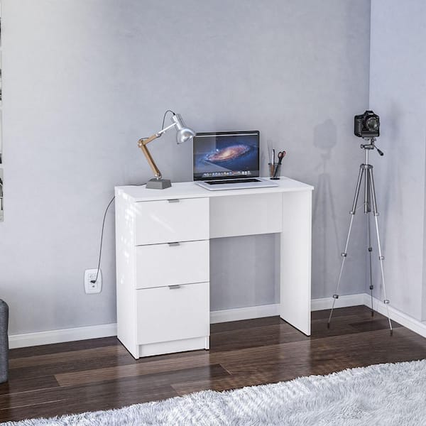 Polifurniture Cambridge 36 in. W Rectangle White Enginered Wood 3 Drawer Writing Desk 401905370001