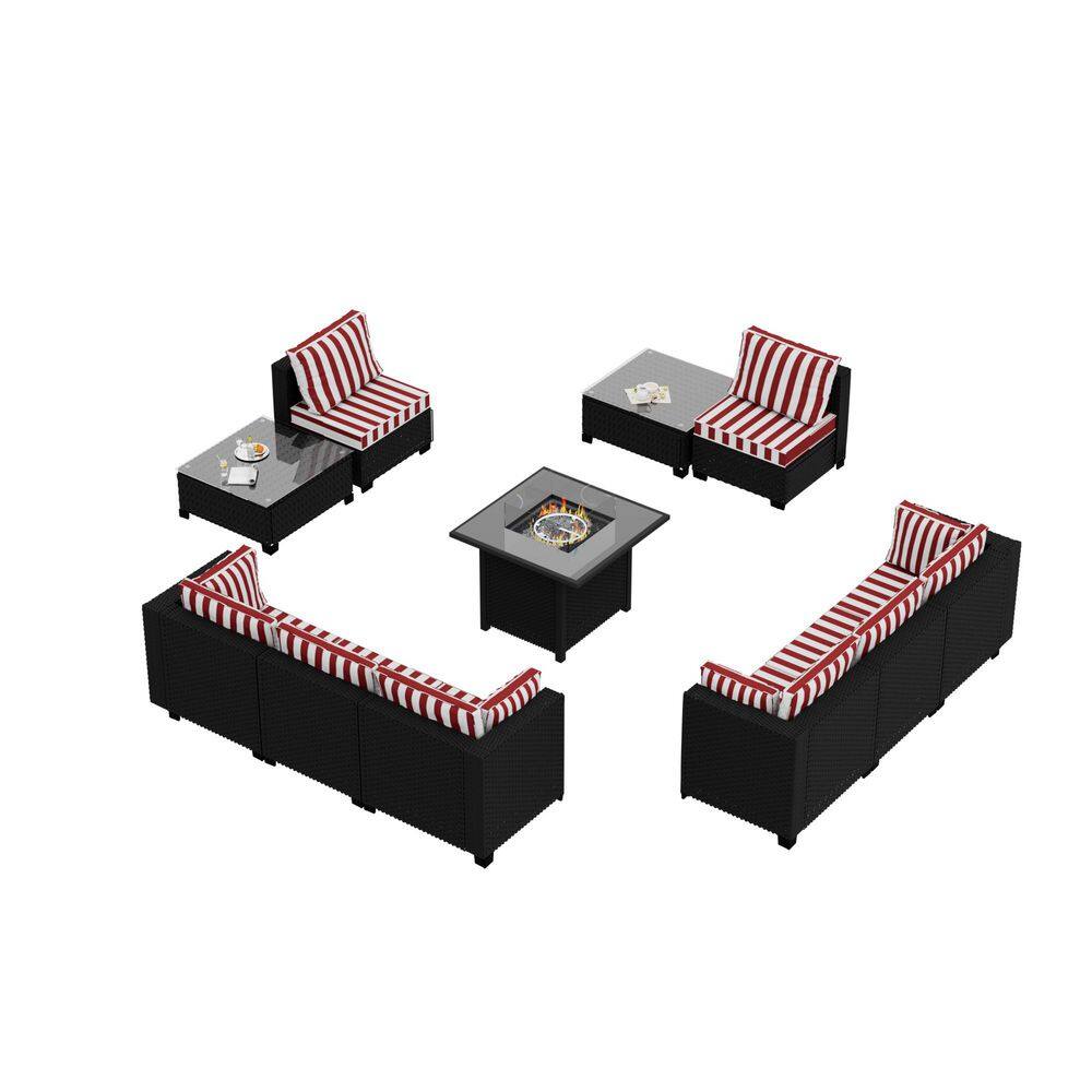 10-Piece Wicker Outdoor Patio Conversation Sectional Seating Set with Middle Chairs and Striped Red Cushions price history on PriceWatchPro