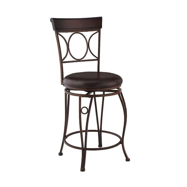 Linon Home Decor Henry Circle Back 24.25 in. Brown High Back Metal Counter Stool with Faux Leather Seat