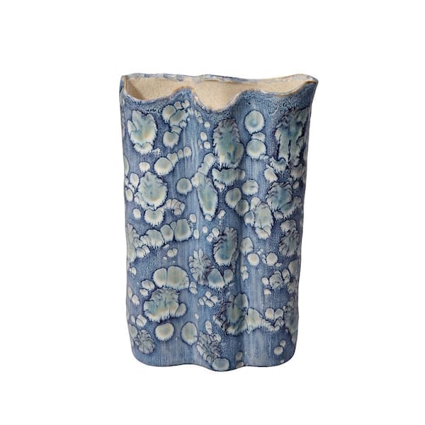 Gipo 16 in. Blue and White Ceramic Cylinder Decorative Flower Vase