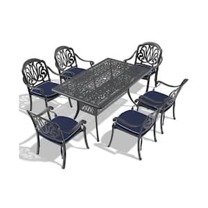 7-Piece Cast Aluminum Black Outdoor Dining Set with Random Colors Cushions for Patio, Balcony, Backyard