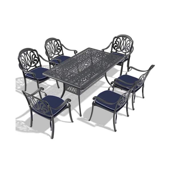 Misopily 7-Piece Cast Aluminum Black Outdoor Dining Set with Random Colors Cushions for Patio, Balcony, Backyard