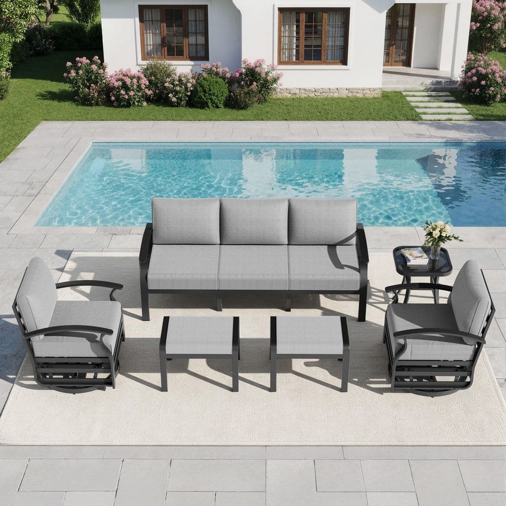 6-Piece Outdoor Aluminum Conversation Set with 360° Swivel Rocking Chairs, 2 Multi-Function Ottomans and Gray Cushions price history on PriceWatchPro
