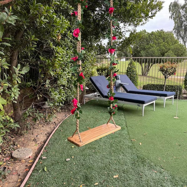 Wood Swing Set with Rose Garland, 24x8x1.2 Inch Adjustable Nylon