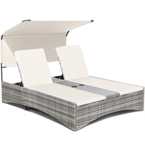 Wicker Outdoor Day Bed with Removable Canopy and Cushions, Beige