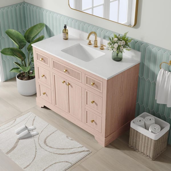 48 in. W Solid Wood Bath Vanity in Oak with White Quartz Top Single Sink, Assembled, Soft-Close Door and Drawer
