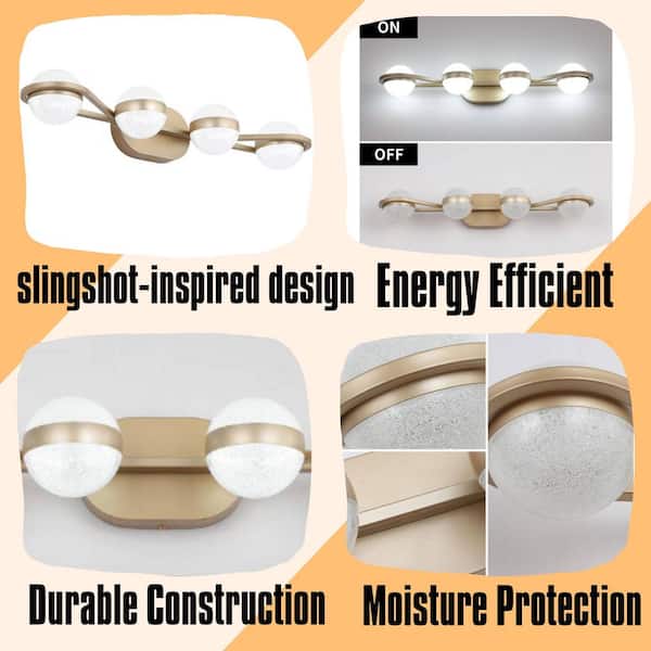 28 in. 4-Light Golden LED Bathroom Vanity Light Fixture with Crystal Sand Acrylic Shades, Mounted Decorative Lighting