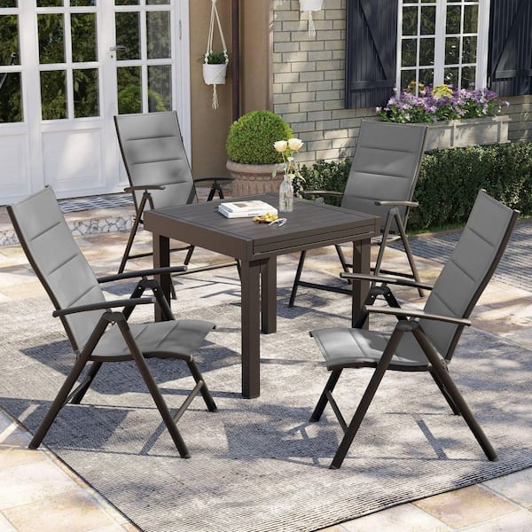5 Pieces Aluminum Outdoor Patio Dining Set with Extension Table and Adjustable Folding Chairs in Gray