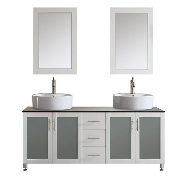 Vinnova Tuscany 72 in. W x 22 in. D x 30 in. H Vanity in White with Glass Vanity Top in Black with Basin and Mirror