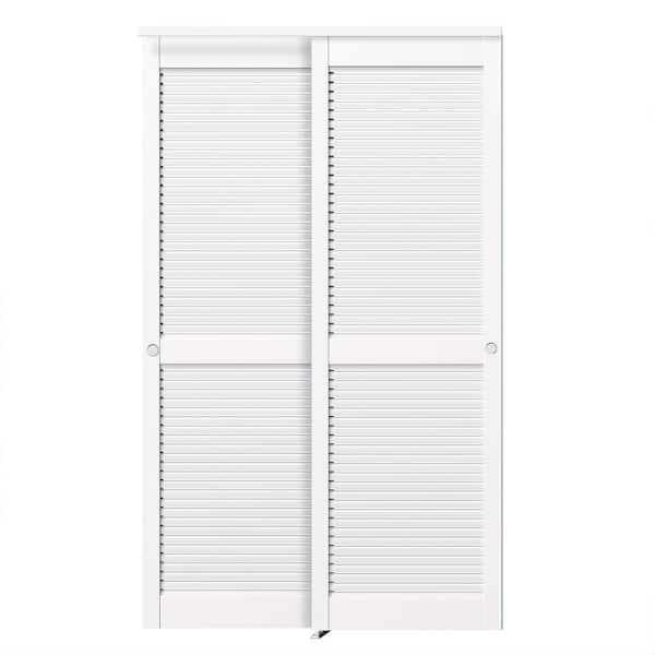 60 in. x 80 in. White Louver MDF Sliding Door, Double Door with Handle & Hardware Track Kit & Floor Guide Finished Doors