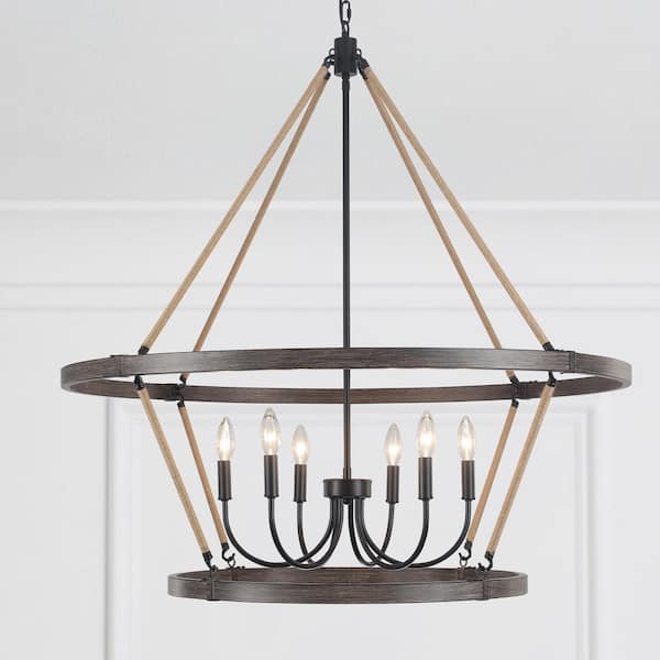6-Light Natural Hemp Rope Candlestick Wagon Wheel Chandelier 2-Tier Linear Chandelier Lighting for Kitchen Island