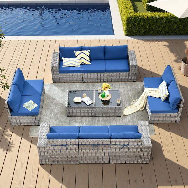Zoila Gray 12-Piece Wicker 7.68 in. Wide Arm Outdoor Patio Sectional Set with Navy Blue Cushions
