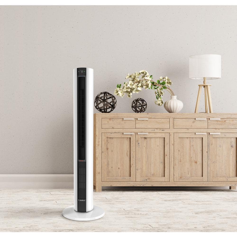 White Ceramic Tower Fan and Heater with Thermostat and Automatic Shut-off