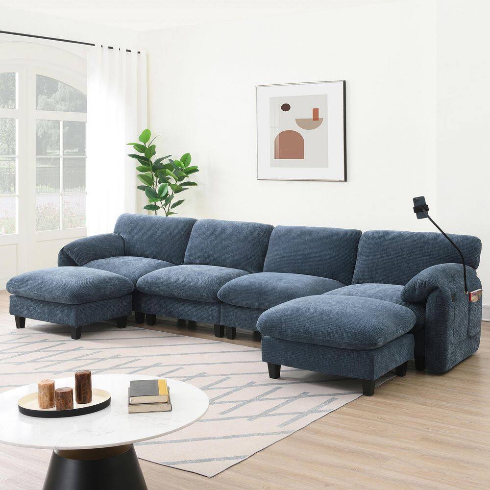 140 in. Modular L-Shape Chenille Sectional Sofa in Blue with USB Type-C Cha